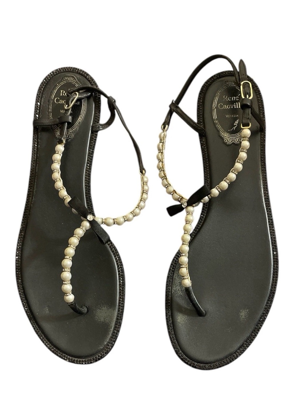 Rene Caovilla Pearly & Crystal Flat Thong Sandals Black Size 41 (US 11) Preowned